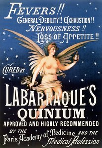 Cartel publicitario de Quinium de Labarraque, medicina con quinina para fiebres, debilidad general, agotamiento, nerviosismo, pérdida de apetito, 1889