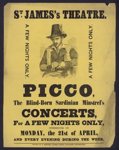 Póster anunciando conciertos de Picco, un juglar ciego de Cerdeña en el Teatro St James, Londres