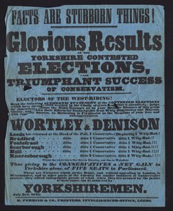 Póster celebrando la victoria de los candidatos conservadores en las elecciones parlamentarias en Yorkshire de English School