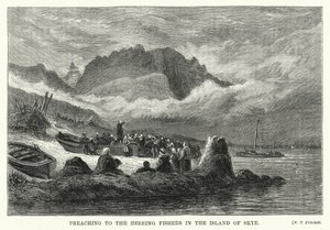 Predicando a los pescadores de arenque en la isla de Skye (grabado)