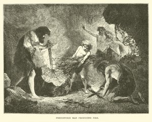 Hombre prehistórico produciendo fuego
