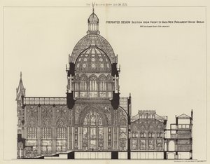 Diseño Premiato, Sección de Frente a Fondo de la Nueva Casa del Parlamento de Berlín (grabado) de English School