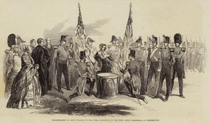 Presentación de nuevos colores al 43º Regimiento por la Honorable Lady Pakenham, en Portsmouth (grabado)