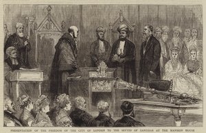 Presentación de la Libertad de la Ciudad de Londres al Seyyid de Zanzíbar en la Mansion House (grabado) de English School