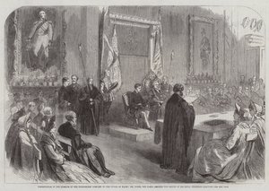Presentación de la libertad de la Compañía de Pescaderos al Príncipe de Gales, el Sr. Towse, el secretario, leyendo el registro de la elección de Su Alteza Real (grabado) de English School