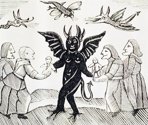 Presentación de niños al diablo, copia de una ilustración de La bruja de los bosques utilizada en una colección de folletos sobre esoterismo de English School