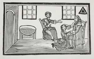 La bonita Bessie recibiendo la bendición de su padre cuando va a buscar su propio sustento, ilustración de Chap-books del siglo XVIII de John Ashton, pub. 1882 de English School