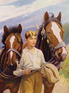 Guapa moza de cuadra con el pelo corto guiando a dos caballos (litografía en color) de English School