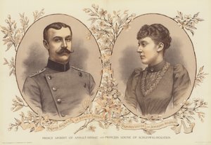 Príncipe Aribert de Anhalt-Dessau y Princesa Luisa de Schleswig-Holstein (cromolitografía) de English School