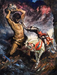 El príncipe Arturo mata al gigante, ilustración de "The Faerie Queen" (gouache sobre papel) de English School