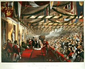 La princesa Alexandra de Dinamarca llegando a Londres el 7 de marzo de 1863 a la estación de Bricklayers Arms con su futuro esposo, el Príncipe de Gales. 1863 de English School