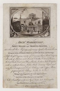 Tarjeta comercial de vendedor de impresiones y maestro de dibujo, Archibald Robertson de English School