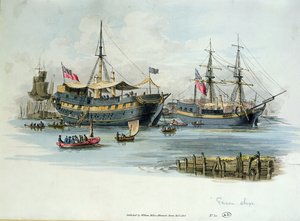Barcos prisión utilizados por los británicos durante las guerras napoleónicas para albergar prisioneros franceses, 1805 de English School