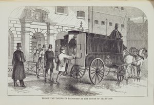 Furgón de Prisioneros recogiendo Prisioneros en la Casa de Detención, de Las Prisiones Criminales de Londres y Escenas de la Vida en Prisión por Henry Mayhew y John Binny, 1862