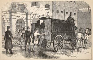 Furgón de prisioneros recogiendo prisioneros en la Casa de Detención, ilustración de Las prisiones criminales de Londres y escenas de la vida en prisión de Henry Mayhew y John Binny, pub. 1862 de English School