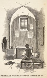 Prisionero trabajando haciendo zapatos en celda separada, ilustración de Las prisiones criminales de Londres y escenas de la vida en prisión de Henry Mayhew y John Binny, pub. 1862