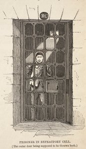 Prisionero en celda de castigo (se supone que la puerta exterior está abierta), ilustración de Las prisiones criminales de Londres y escenas de la vida en prisión de Henry Mayhew y John Binny, pub. 1862 de English School