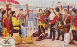 El soldado Mayse de los Buffs se niega a inclinarse ante el Mandana chino (litografía en color) de English School