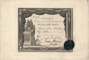 Boleto de admisión a la procesión del funeral de William Pitt