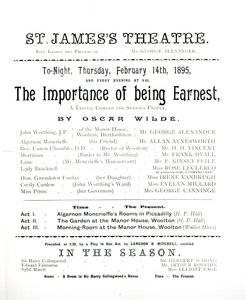 Programa para una representación de La Importancia de Llamarse Ernesto, de Oscar Wilde (1854-1900) en el Teatro St. James, 14 de febrero de 1895 de English School