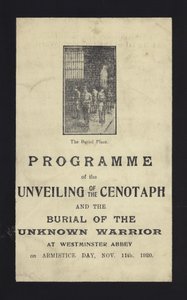 Programa para la inauguración del Cenotafio y el entierro del Guerrero Desconocido, Abadía de Westminster, Londres, 11 de noviembre de 1920 de English School