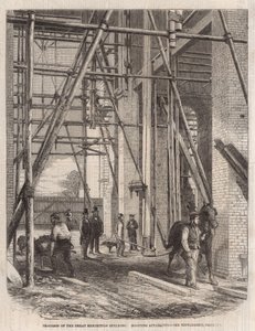 Progreso en el edificio de la Exposición Internacional; Aparato de elevación de English School