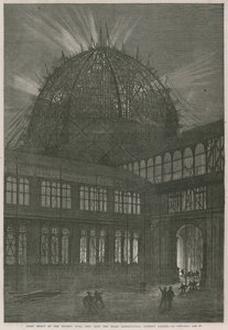 Progreso en el edificio de la Exposición Internacional; Efecto nocturno de la cúpula occidental de English School