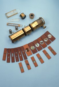 Microscopio de proyección, vendido por Watkins & Hill, Londres, destinado a ser usado con una linterna mágica, junto con 18 diapositivas de historia natural, c.1870 (latón, vidrio y madera)