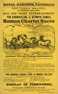 Folleto promocional para El Currículum; o, Los Juegos Olímpicos y Carrera de Carros Romanos en Royal Gardens, Vauxhall, Londres de English School