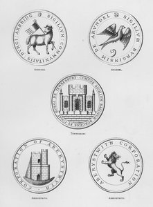 Escudos públicos: Axbridge; Arundel; Tewkesbury; Aberystwith (grabado) de English School