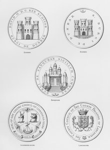 Escudos públicos: Dunbar; Sanquhar; Inverness-shire; Lancashire (grabado) de English School