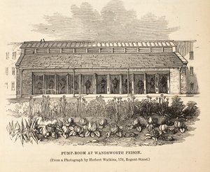 Sala de bombas en la prisión de Wandsworth, ilustración de Las prisiones criminales de Londres y escenas de la vida en prisión de Henry Mayhew y John Binny, pub. 1862 de English School