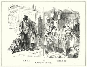 Caricatura de Punch: Aquí y allá, o, la emigración como remedio (grabado) de English School