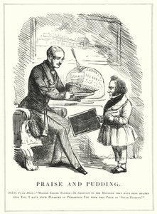 Caricatura de Punch: Alabanza y Pudín: el Príncipe Alberto recompensando a Joseph Paxton por diseñar el Palacio de Cristal para albergar la exitosa Gran Exposición de 1851 en Hyde Park, Londres