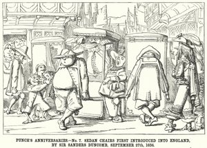 Caricatura de Punch: Aniversarios de Punch - No 7. Sillas de Sedán Introducidas por Primera Vez en Inglaterra, por Sir Sanders Duncomb, 27 de septiembre de English School