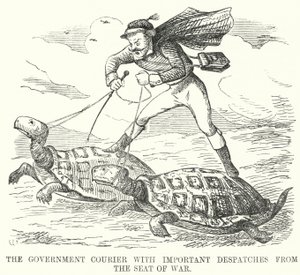 Caricatura de Punch: El Mensajero del Gobierno con Despachos Importantes desde el Frente de Guerra