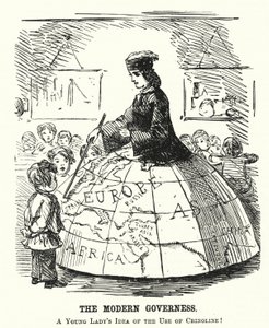 Caricatura de Punch: La Institutriz Moderna - una amplia falda de aro que sirve como ayuda para la enseñanza de geografía