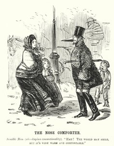 Caricatura de Punch: El Calentador de Nariz - hombre protegiendo su nariz contra el frío de English School