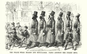 Caricatura de Punch: La Policía Lleva Barbas y Bigotes. Pánico entre los Chicos de la Calle de English School