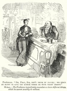Caricatura de Punch: estudiante universitario de primer año negociando con un comerciante (grabado) de English School
