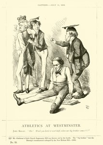 Caricatura de Punch sobre John Bright: Atletismo en Westminster de English School