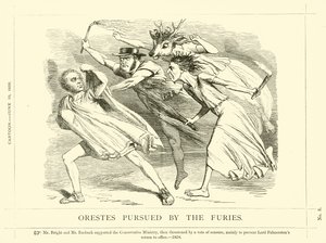 Caricatura de Punch sobre John Bright: Orestes perseguido por las Furias de English School