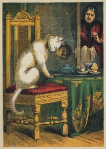 Gato haciendo té (litografía en color) de English School