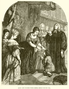 La reina Ana tocando al joven Samuel Johnson para el mal de English School
