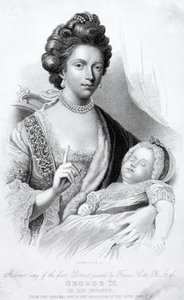 Reina Carlota, consorte del rey Jorge III, con su hijo bebé, el futuro príncipe regente y rey Jorge IV de English School