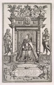 La Reina Isabel I (1533-1603) como Patrona de la Geografía y la Astronomía, Frontispicio de un libro de Mapas Sajones de Inglaterra, 1579 de English School