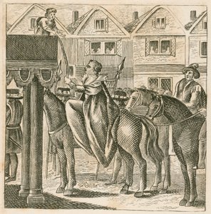 La reina Isabel I recibe la Biblia de manos de un niño, personificando a Truth, camino a su coronación de English School