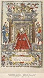 La reina Isabel como patrona de la geografía y la astronomía. Frontispicio del atlas de Inglaterra Gales de Saxton de 1579 (litografia en color)