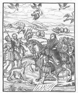 La reina Isabel cazando con halcones de English School
