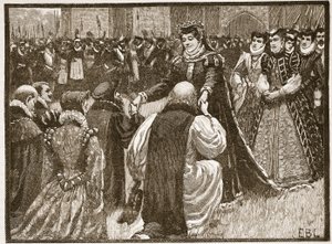La reina María y los prisioneros de estado en la Torre, ilustración de la Historia Ilustrada de Inglaterra de Cassell